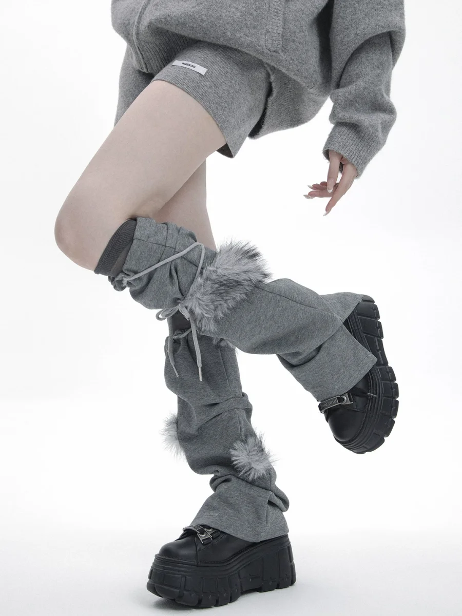 SS2L | Gray Drawstring Plush Trim Slouchy Leg Warmers - 4