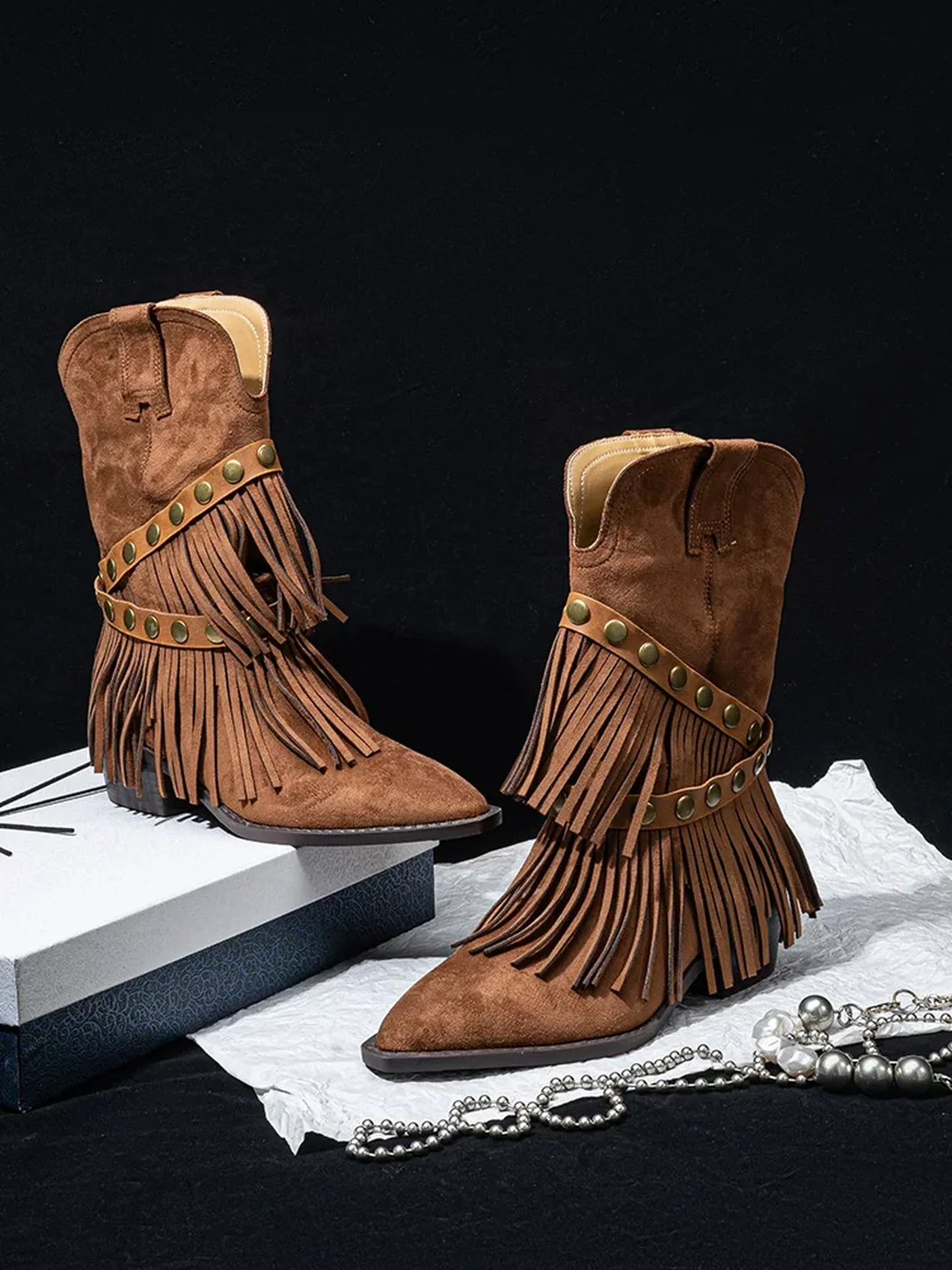 SISTER CURIE | Western Pointed-Toe Fringe Mid-Calf Boots