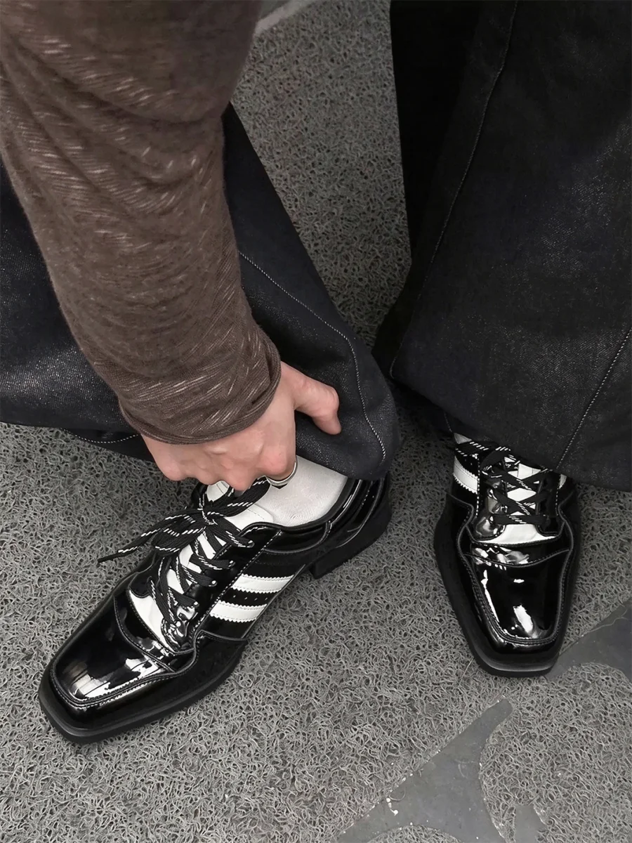 HANQIAORIJI | Glossy Square-Toe Lace-Up Platform Derby Shoes - 2