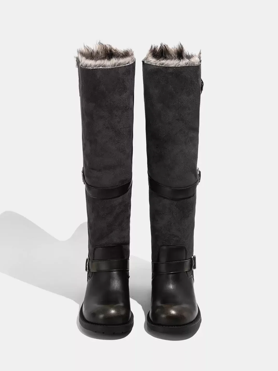 LMDD | Colorblock Plush-Lined Round-Toe Chunky-Heel Western Boots