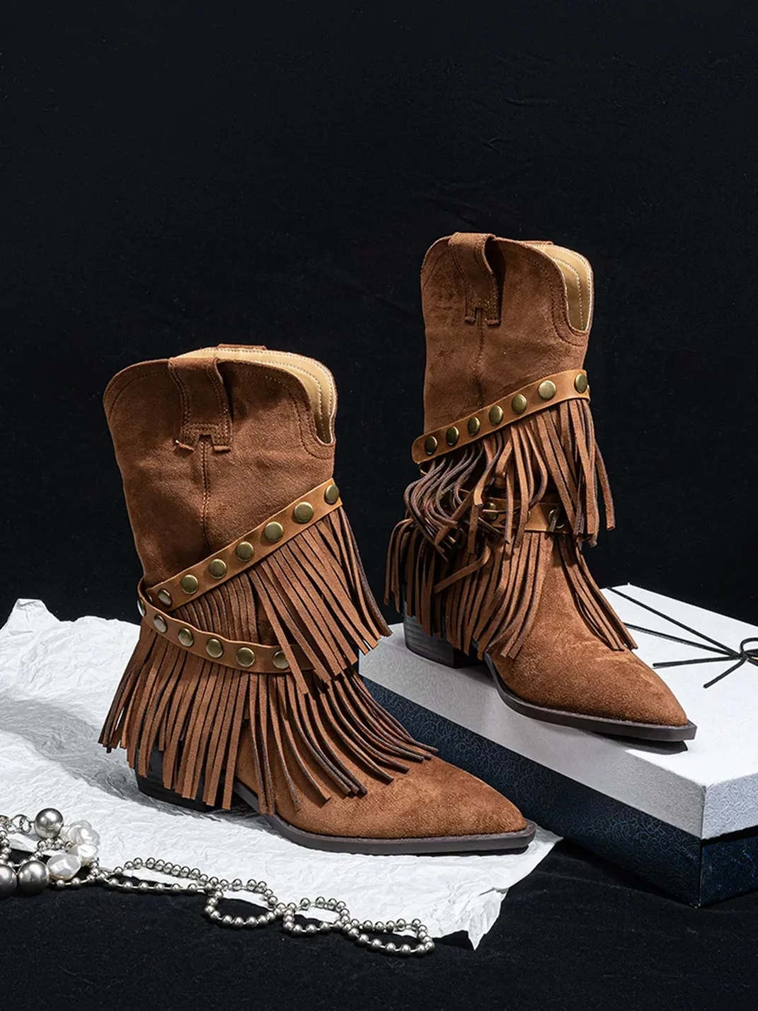 SISTER CURIE | Western Pointed-Toe Fringe Mid-Calf Boots