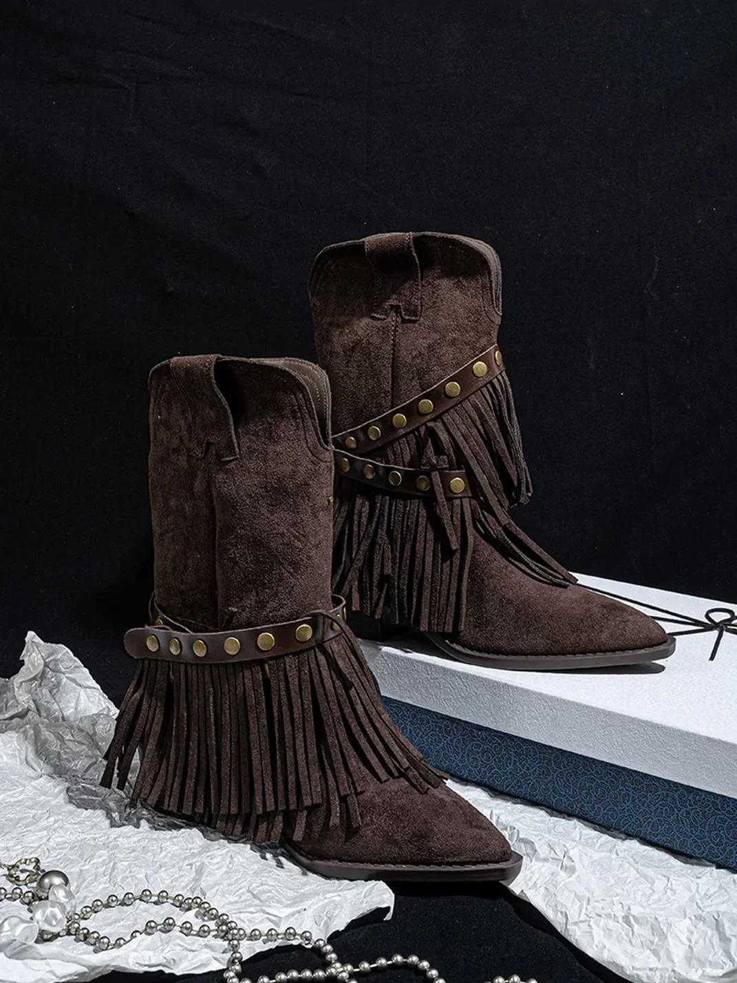 SISTER CURIE | Western Pointed-Toe Fringe Mid-Calf Boots