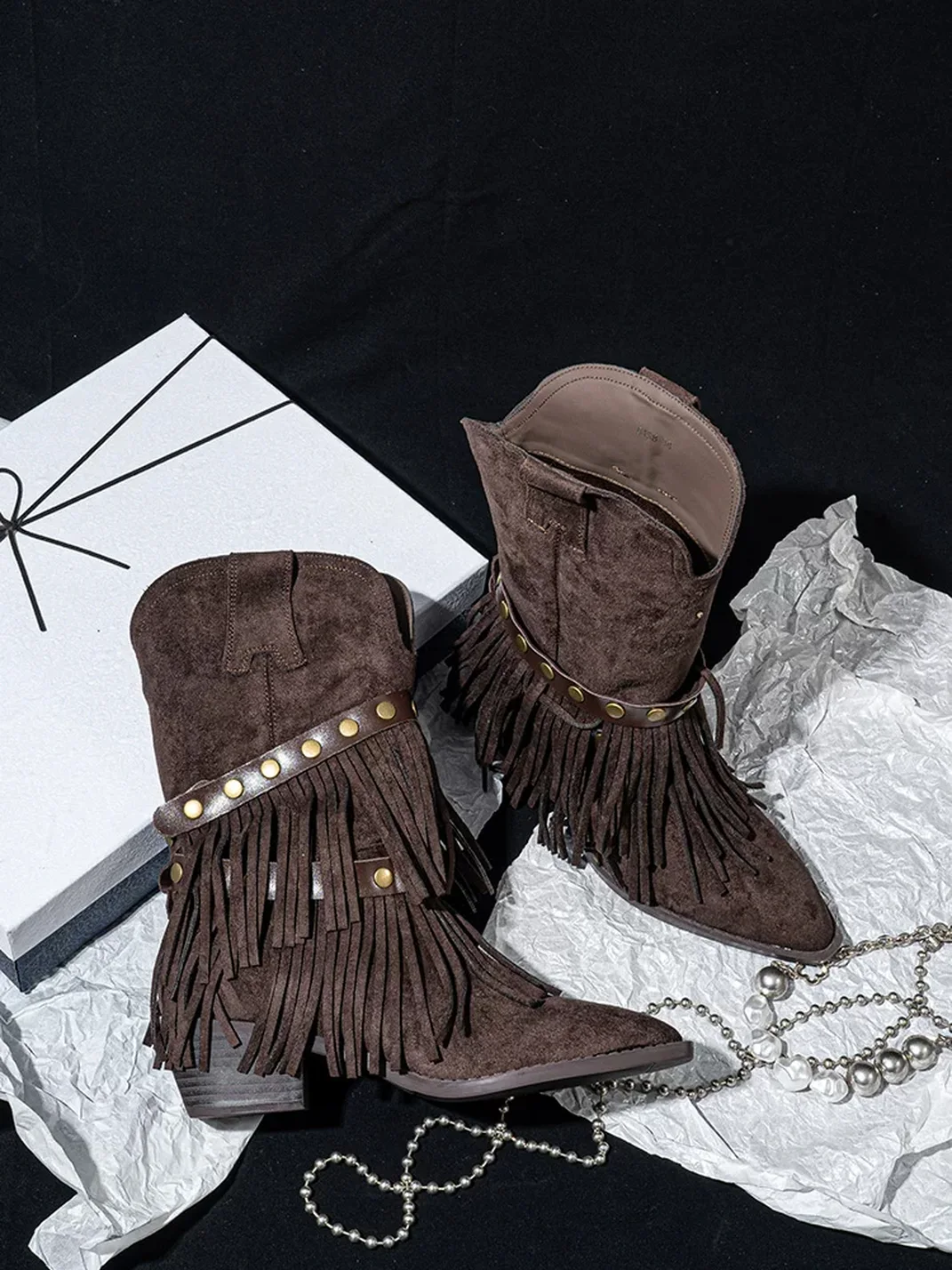 SISTER CURIE | Western Pointed-Toe Fringe Mid-Calf Boots