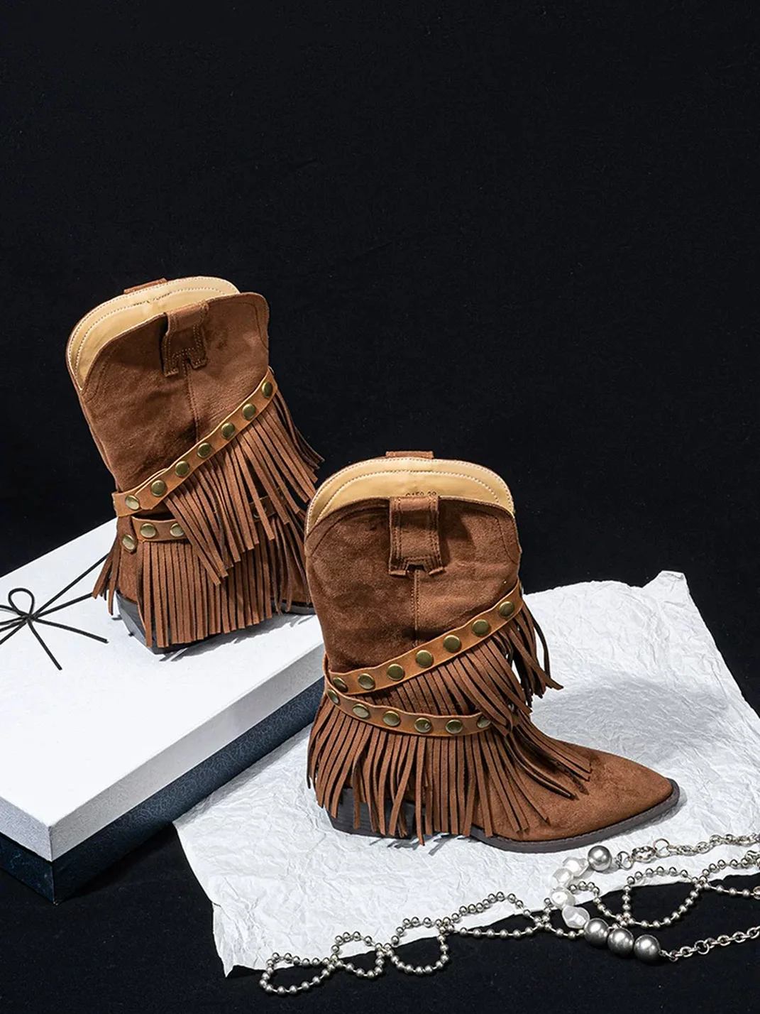 SISTER CURIE | Western Pointed-Toe Fringe Mid-Calf Boots