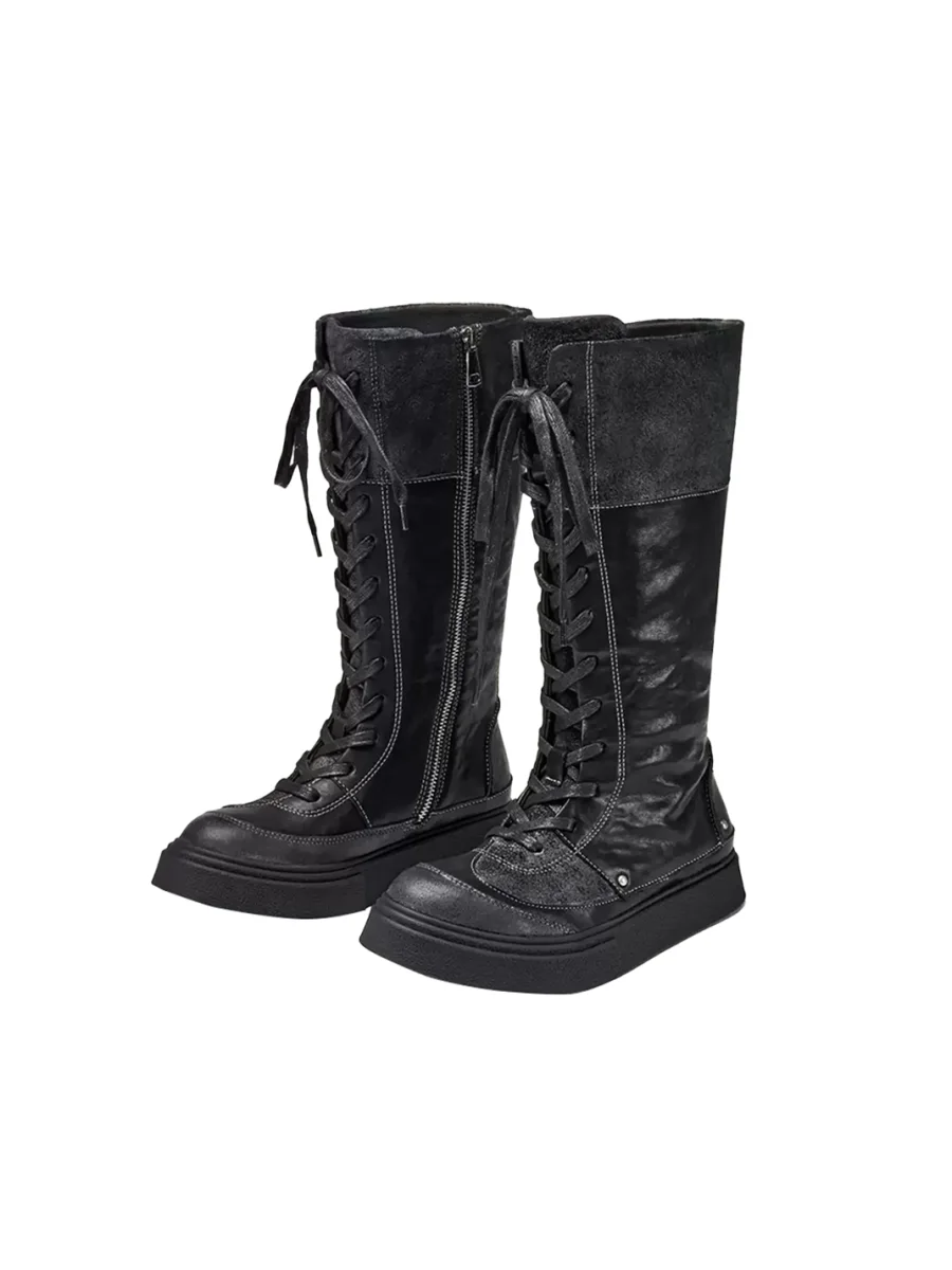 XMZY | Retro Lace-Up Platform Tall Biker Boots - 2