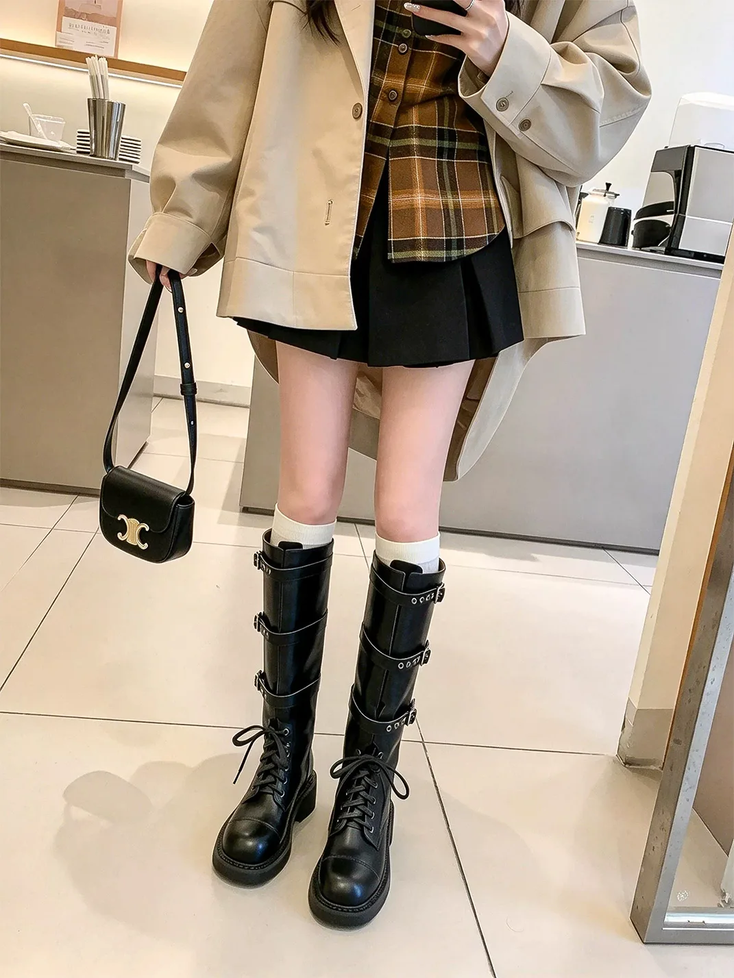 RONGRONG BABY | Distressed Leather Lace-Up Buckle Knee-High Boots