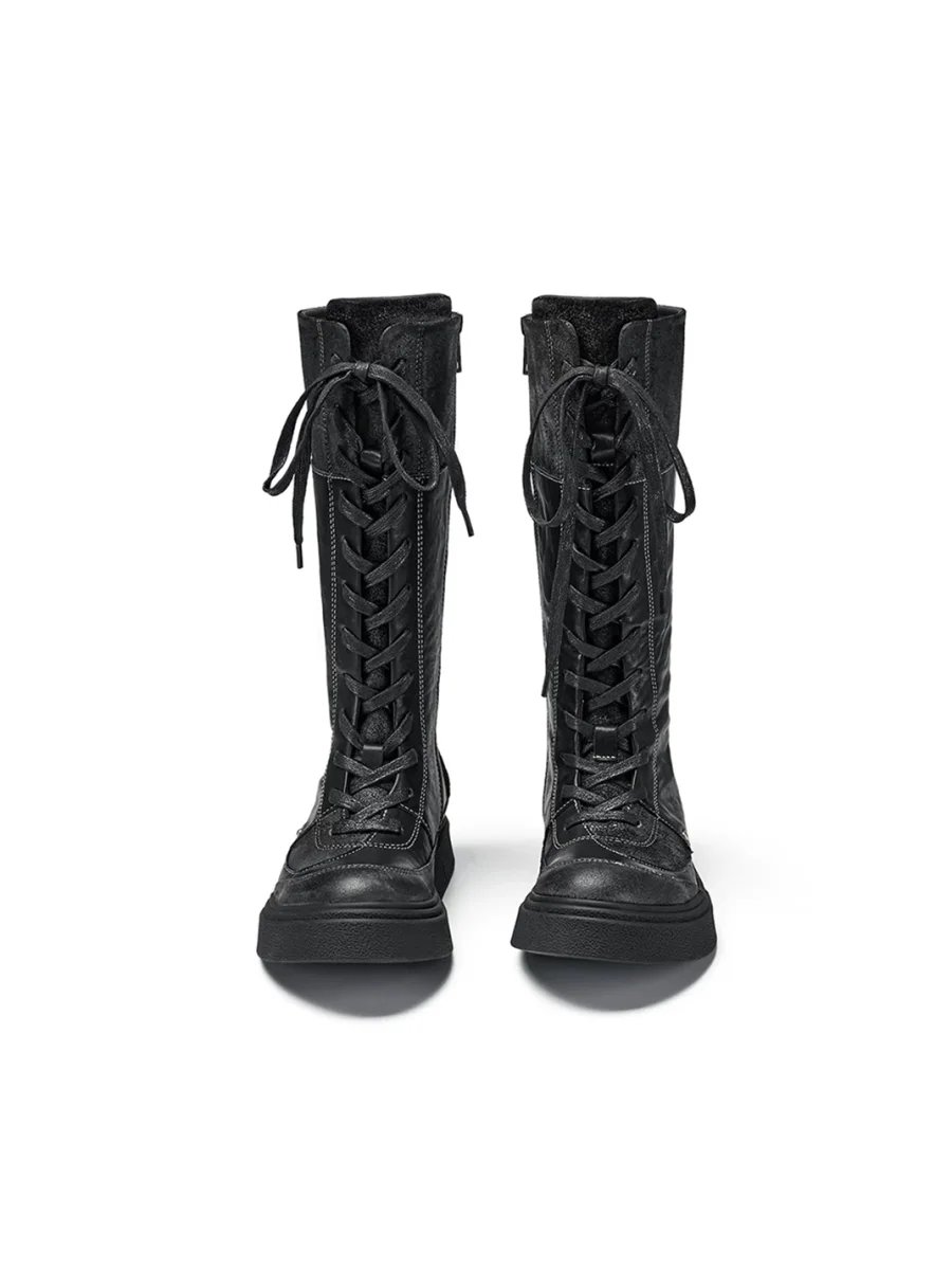 XMZY | Retro Lace-Up Platform Tall Biker Boots - 4
