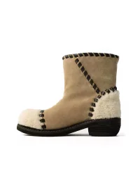 ZHUDAGE | Retro Leather And Wool Patchwork Ankle Boots