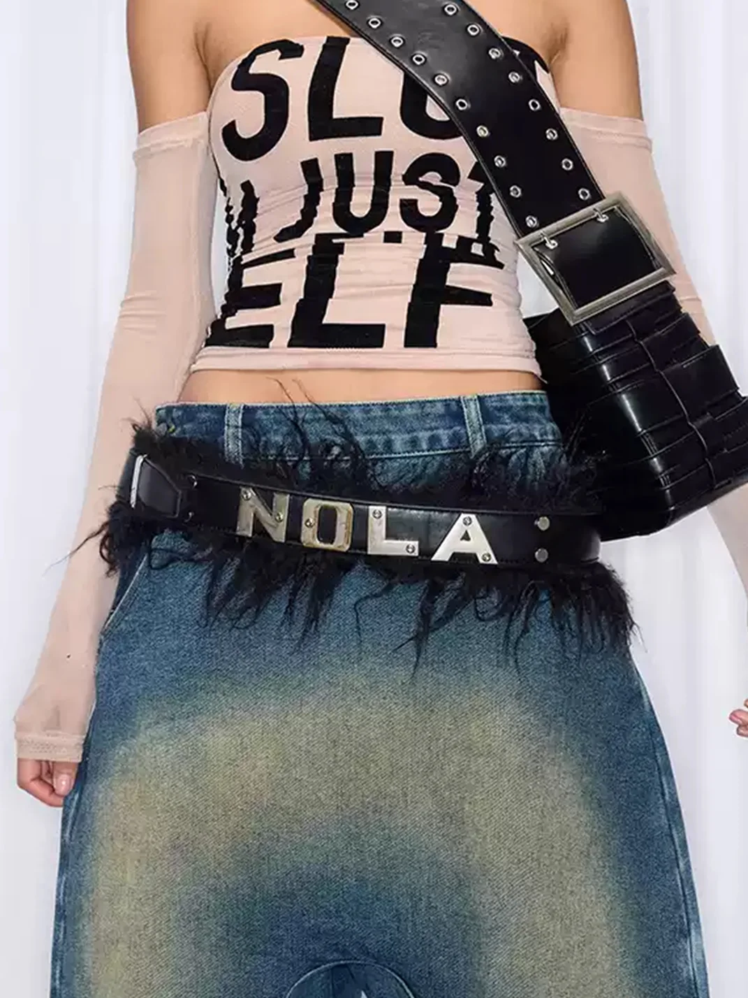 NOLA | Studded Fur-Trimmed Belt With Metal Lettering