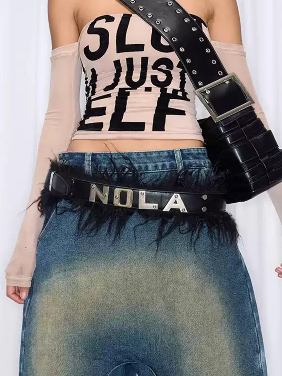NOLA | Studded Fur-Trimmed Belt With Metal Lettering - 2