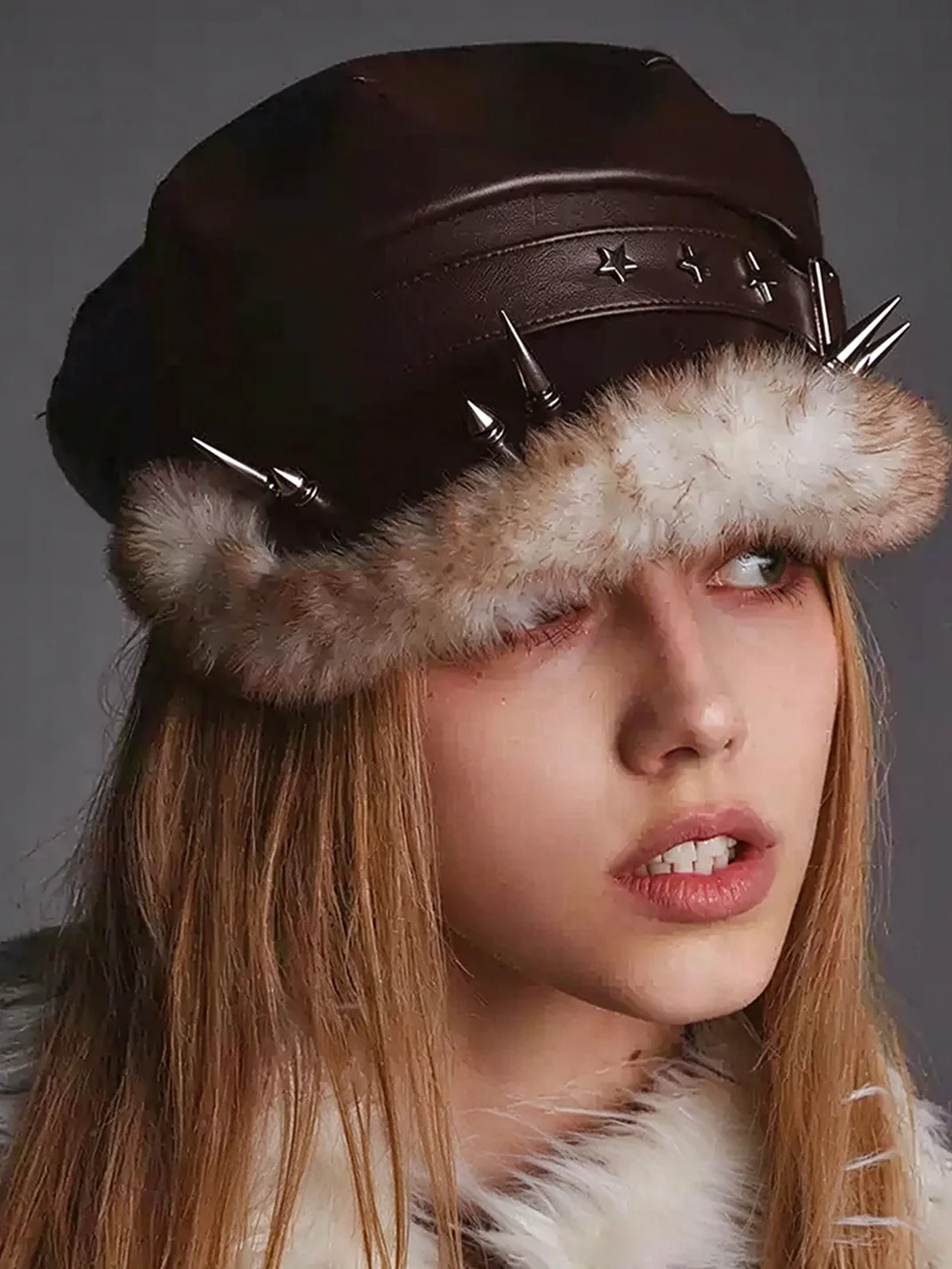 OCTO VITA | Studded Punk Faux-Fur Trim Beret