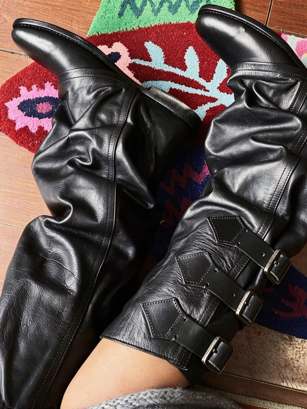 MXBNX | Distressed Slouchy Chunky Heel Buckle Tall Boots