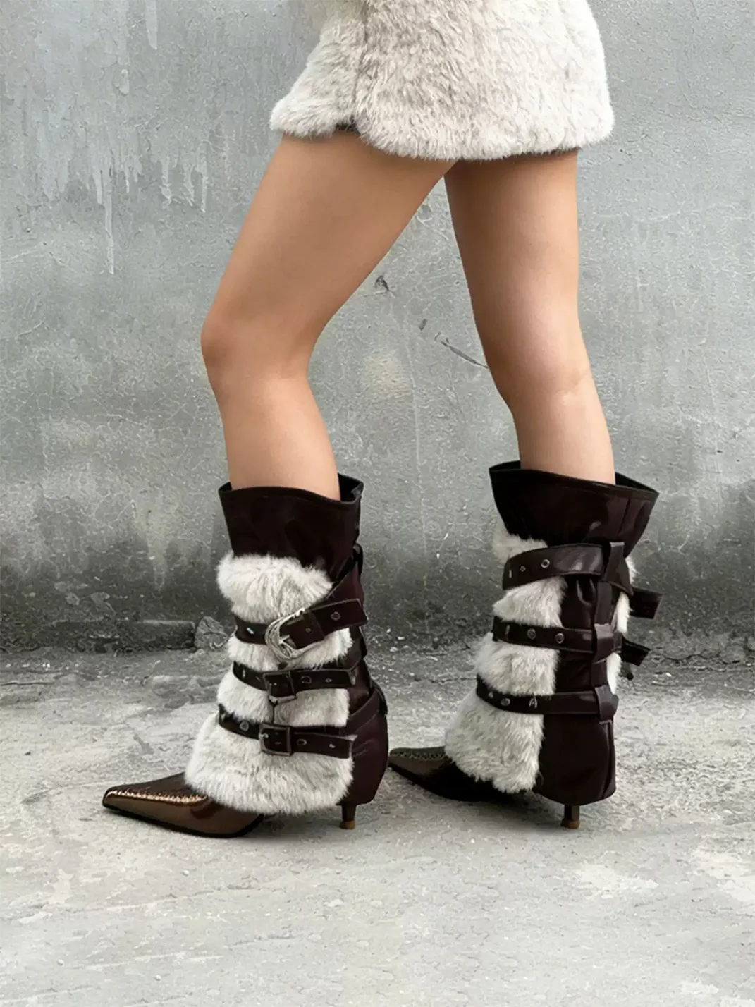 HGDZNXSJ | Detachable Buckle Plush Pointed-Toe Stiletto Tall Boots