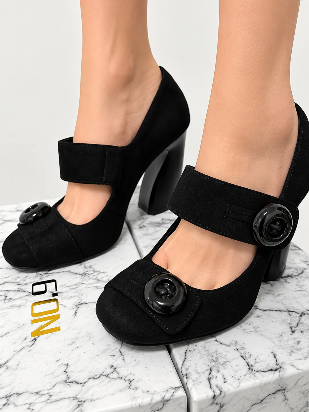9HaoXieFang | Retro Round Toe Mary Jane Block Heel Pumps