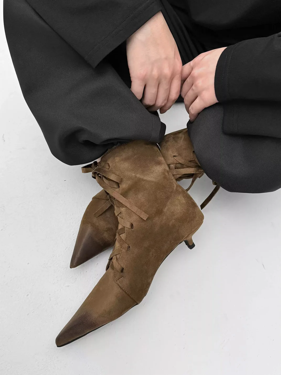 Abstract garden | Pointed Toe Lace-Up Kitten Heel Ankle Boots