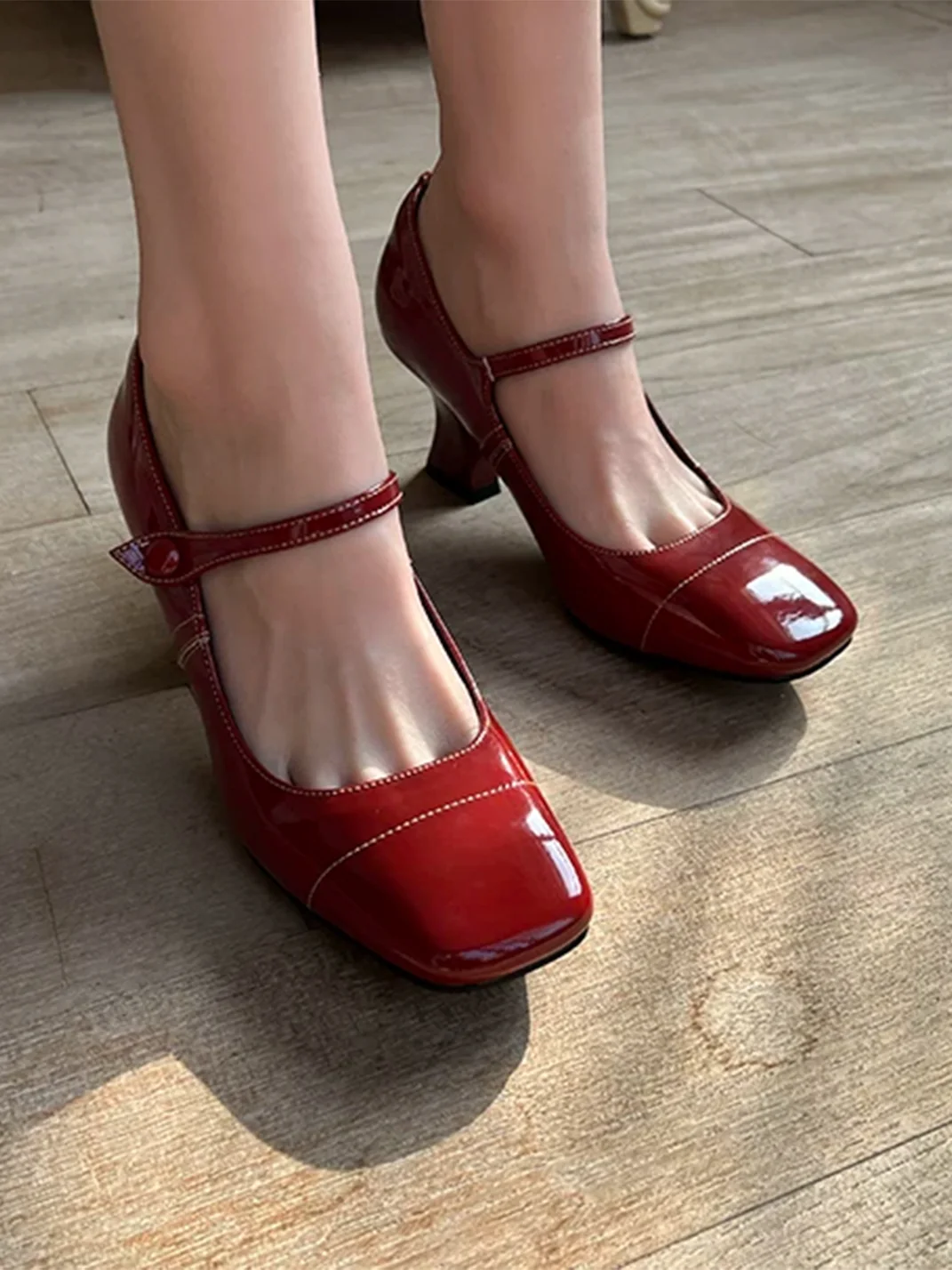 9HaoXieFang | Retro Square-Toe Mary Jane Block Heels