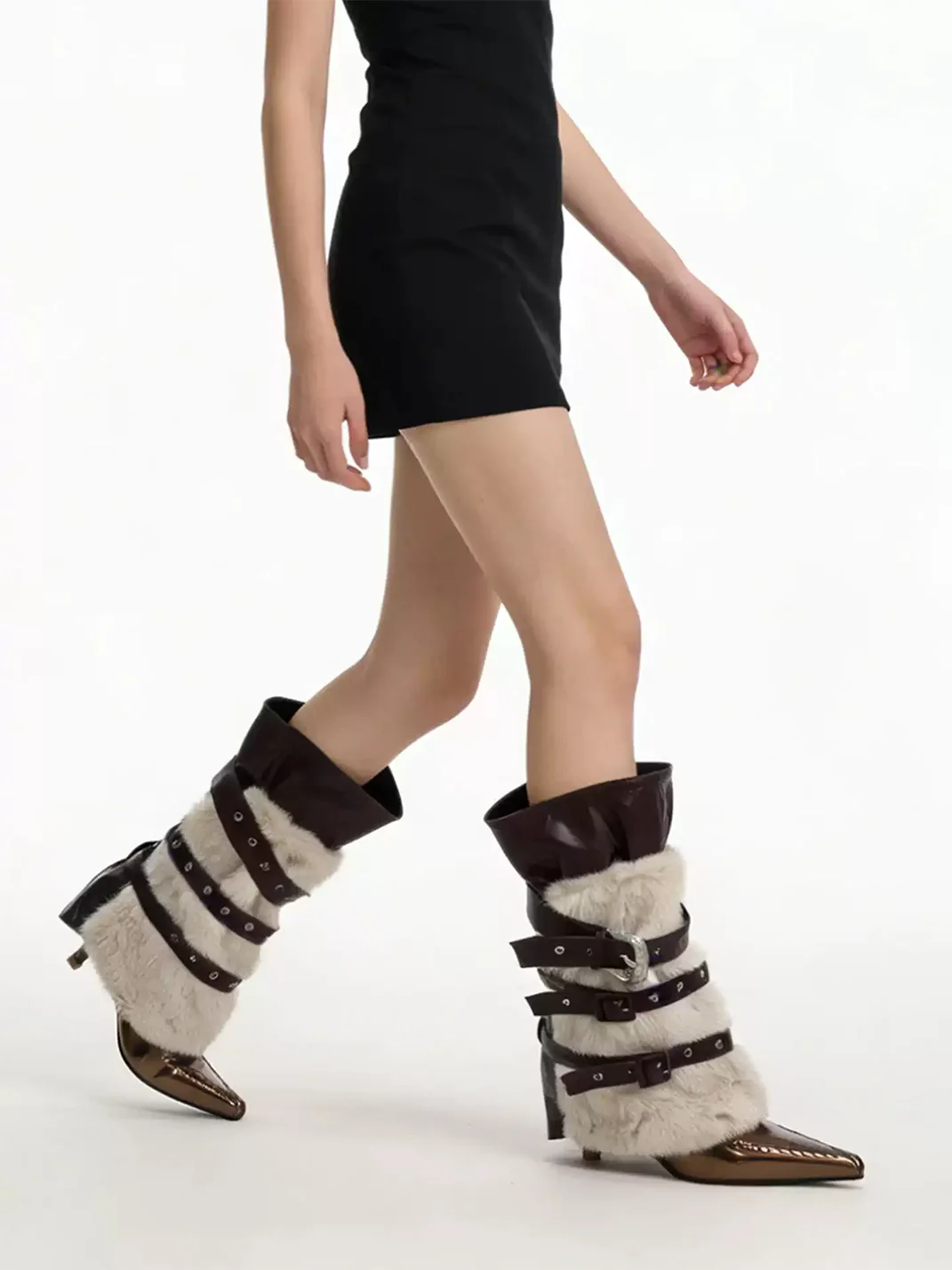 HGDZNXSJ | Detachable Buckle Plush Pointed-Toe Stiletto Tall Boots