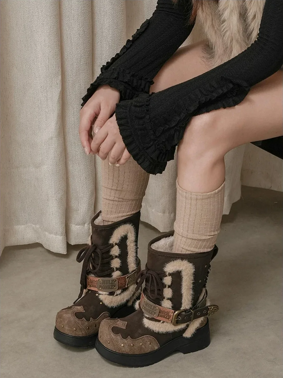 Mule Donkey | Western Plush-Lined Platform Ankle Boots