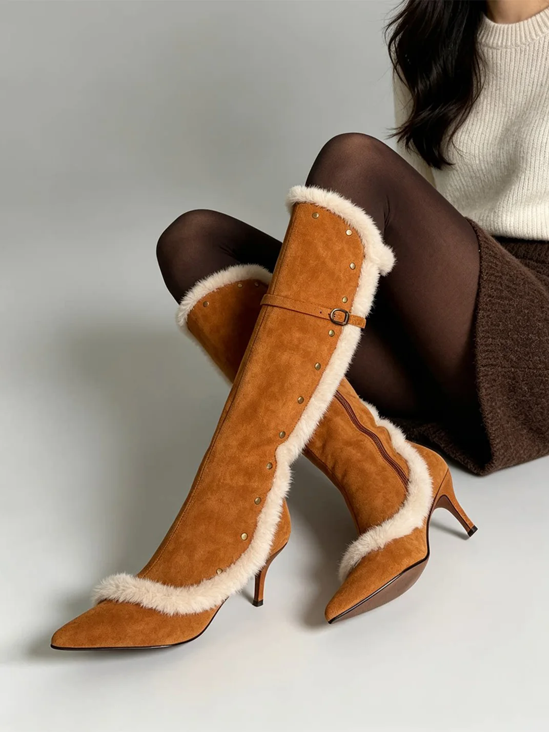 HGDZNXSJ | Studded Pointed-Toe Plush-Trim Tall High-Heel Boots