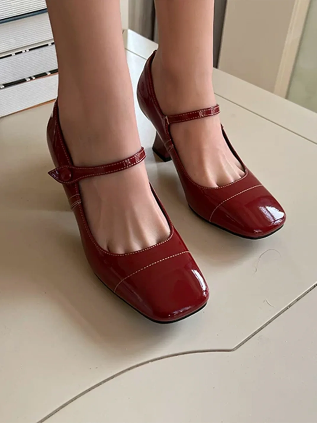 9HaoXieFang | Retro Square-Toe Mary Jane Block Heels