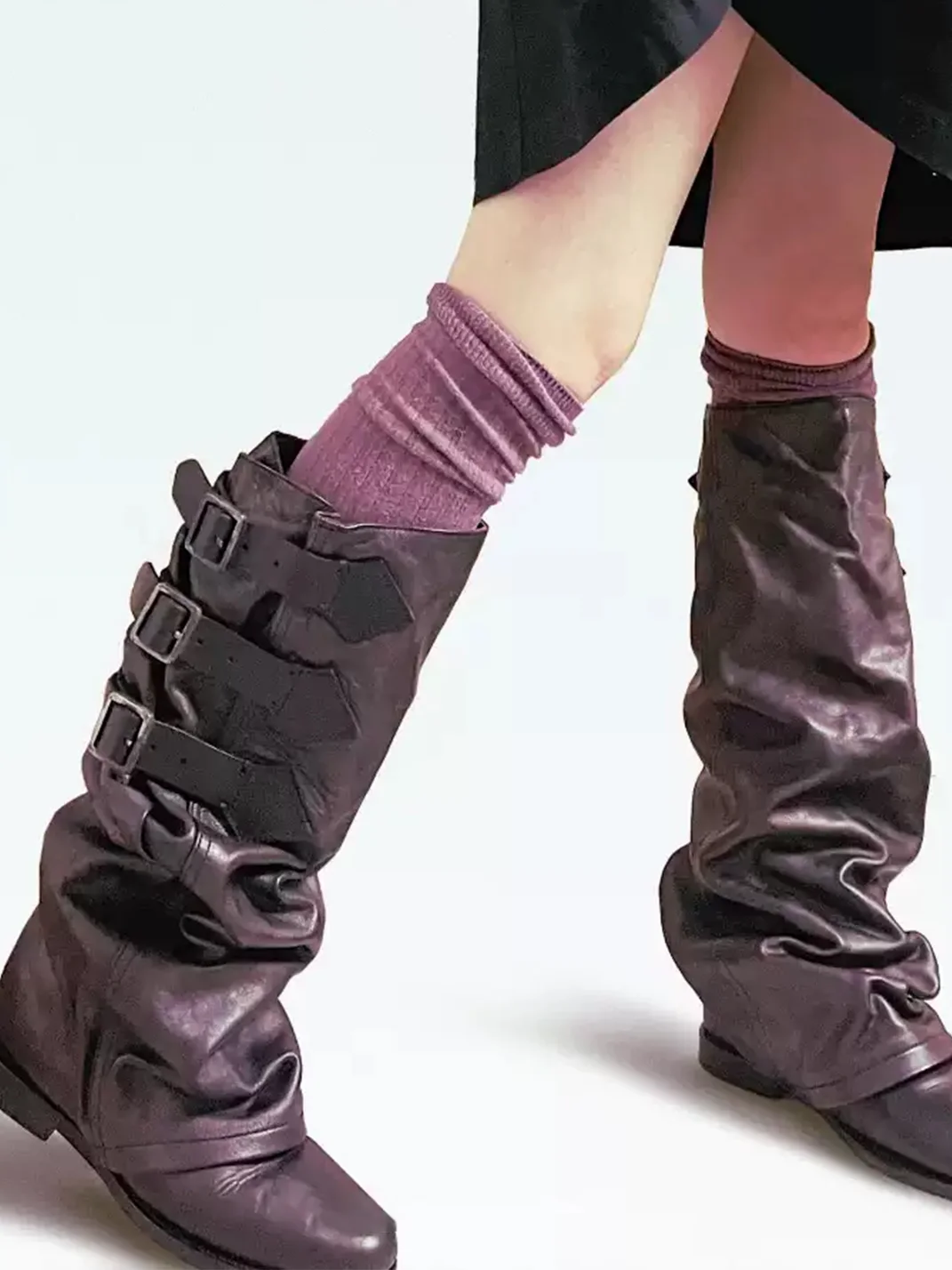 MXBNX | Distressed Slouchy Chunky Heel Buckle Tall Boots