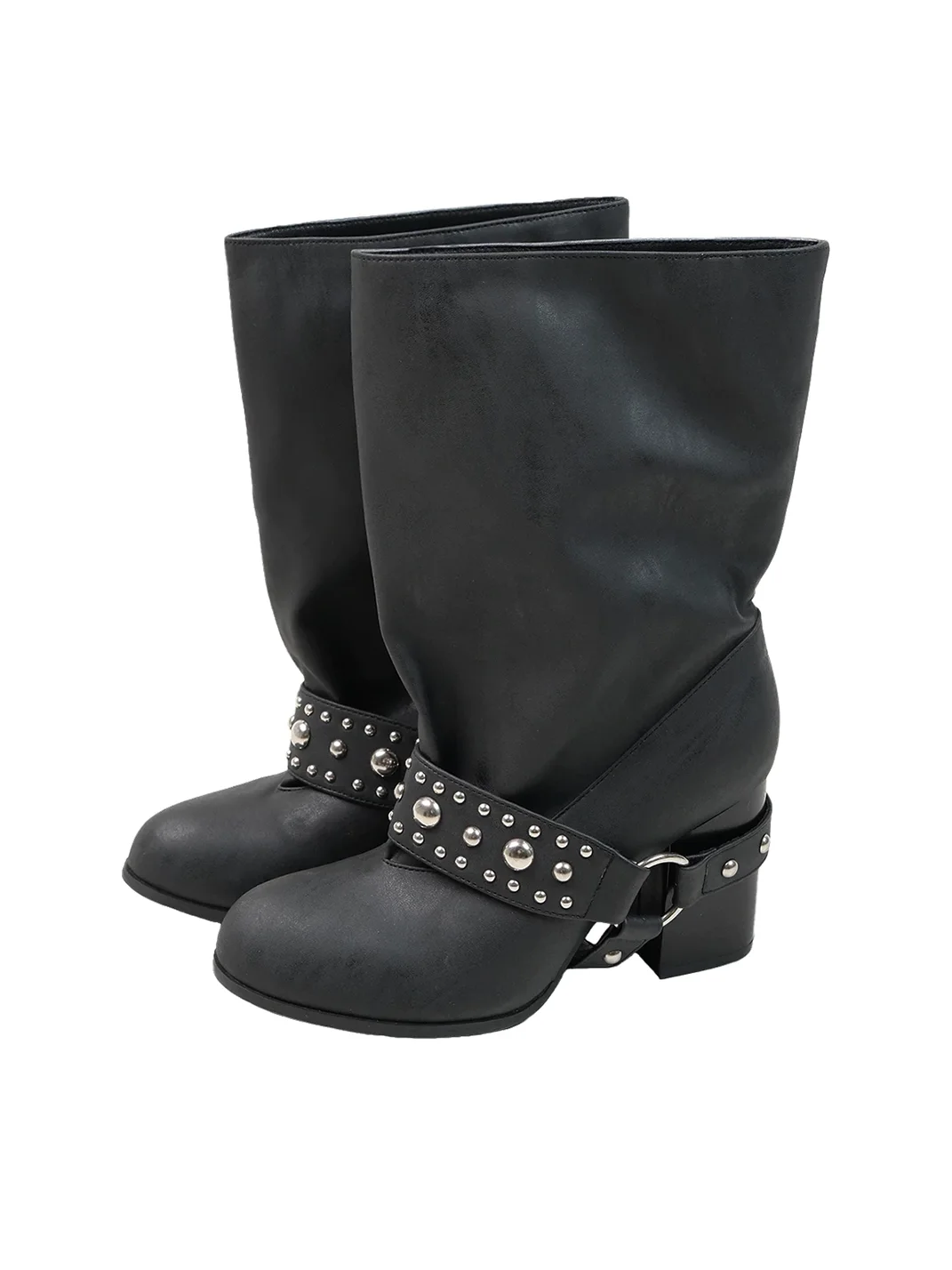 Mooreyu | Black Studded Buckle Slouchy Block Heel Boots