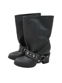 Mooreyu | Black Studded Buckle Slouchy Block Heel Boots