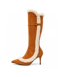 HGDZNXSJ | Studded Pointed-Toe Plush-Trim Tall High-Heel Boots