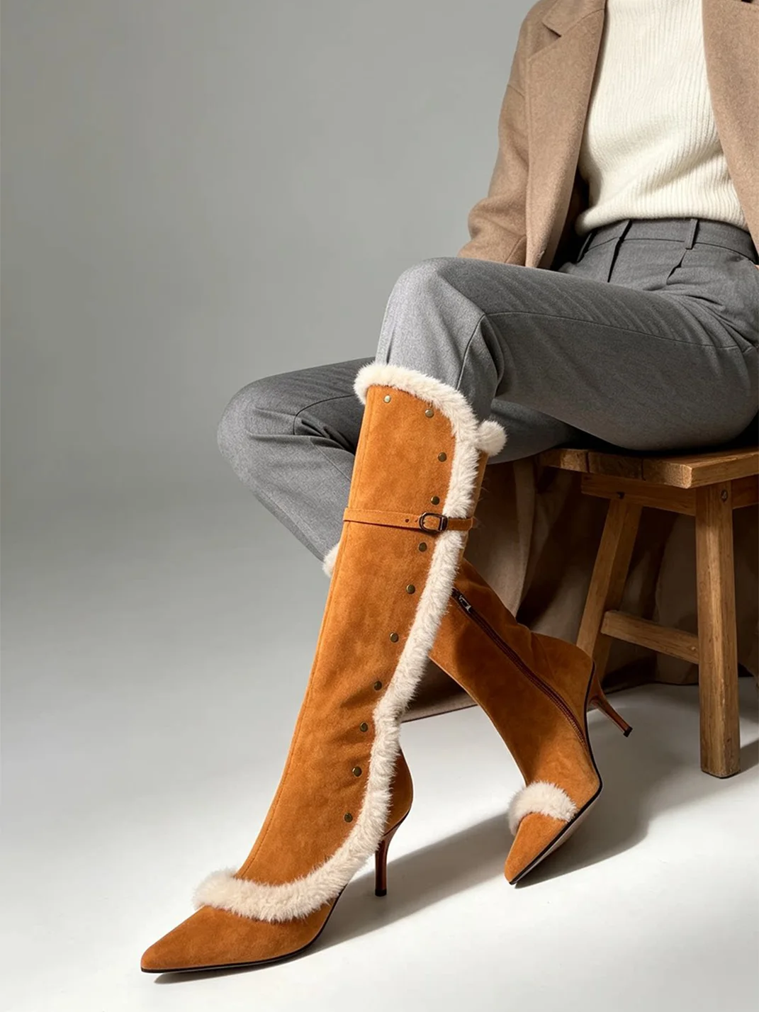 HGDZNXSJ | Studded Pointed-Toe Plush-Trim Tall High-Heel Boots