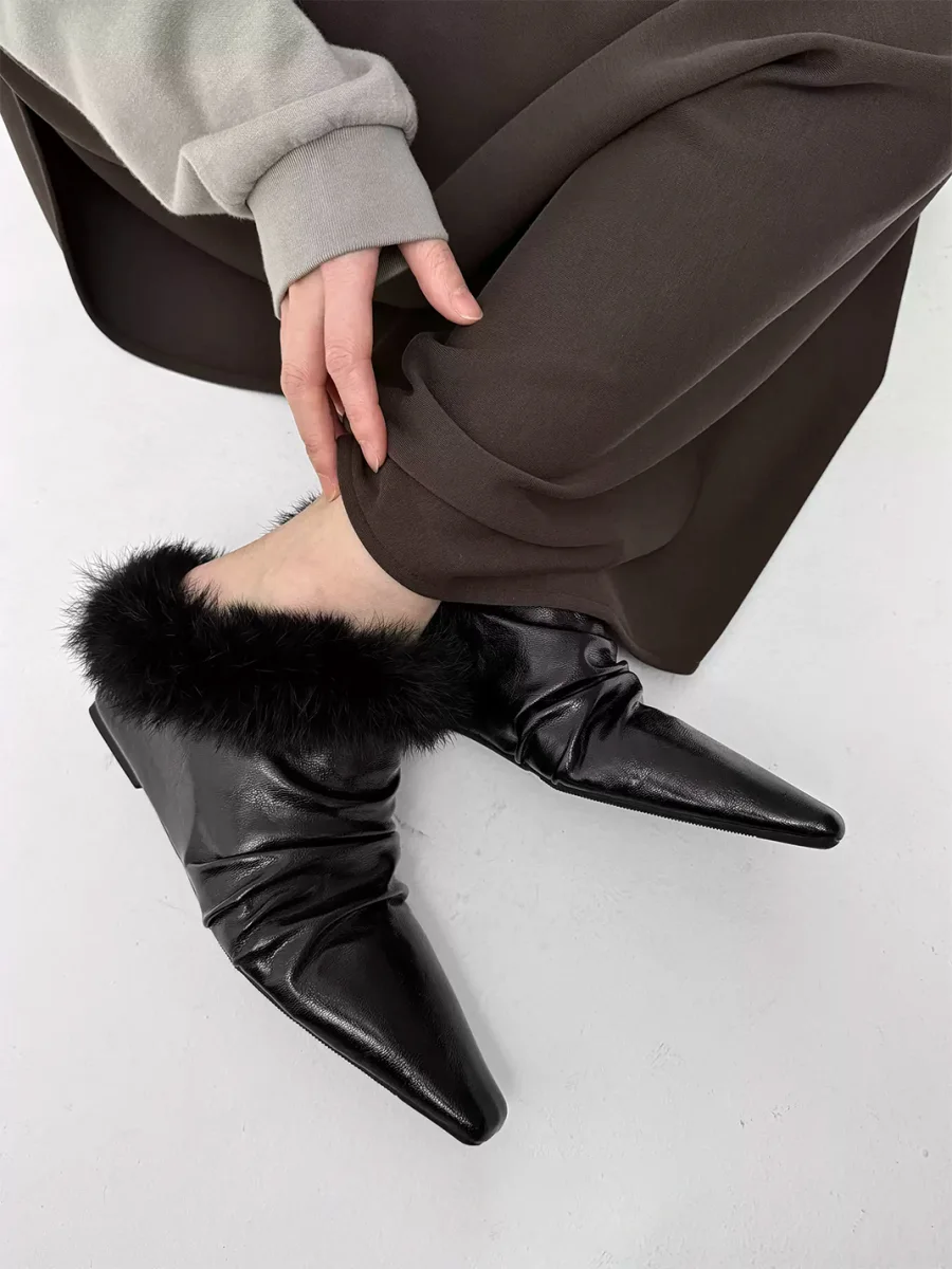 Abstract garden | Faux Mink Fur Closed-Toe Wedge Slippers - 4