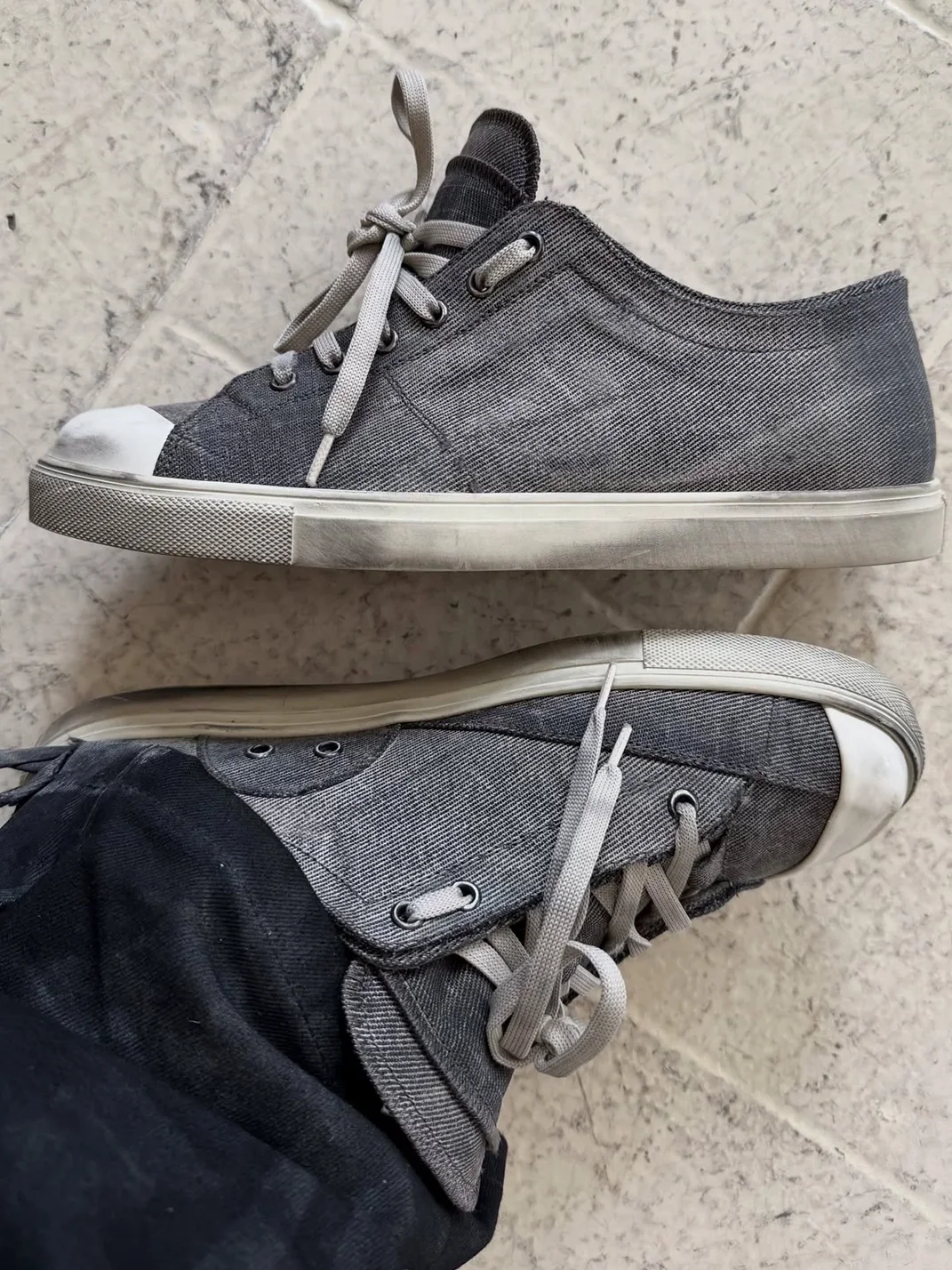VOWPROGRESS | Washed Double-Layer Shaped-Toe Canvas Denim Vulcanized Sneakers