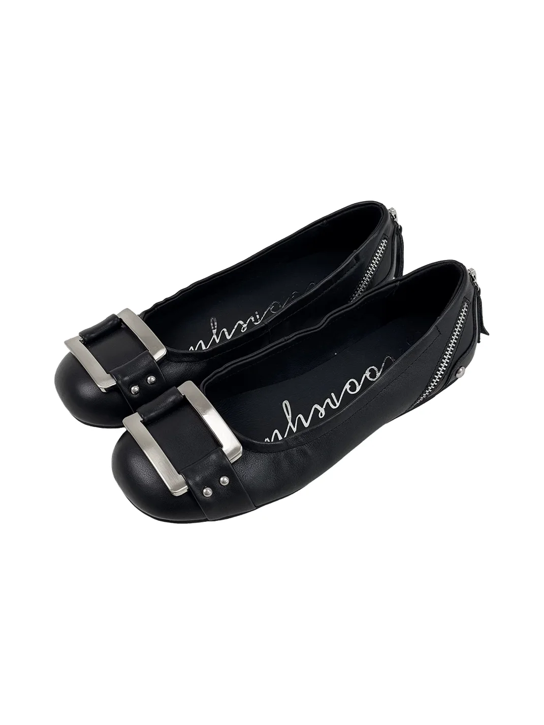 Mooreyu | Black Leather Buckle Mary Jane Ballet Flats