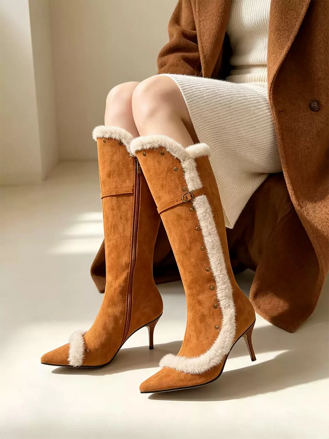 HGDZNXSJ | Studded Pointed-Toe Plush-Trim Tall High-Heel Boots