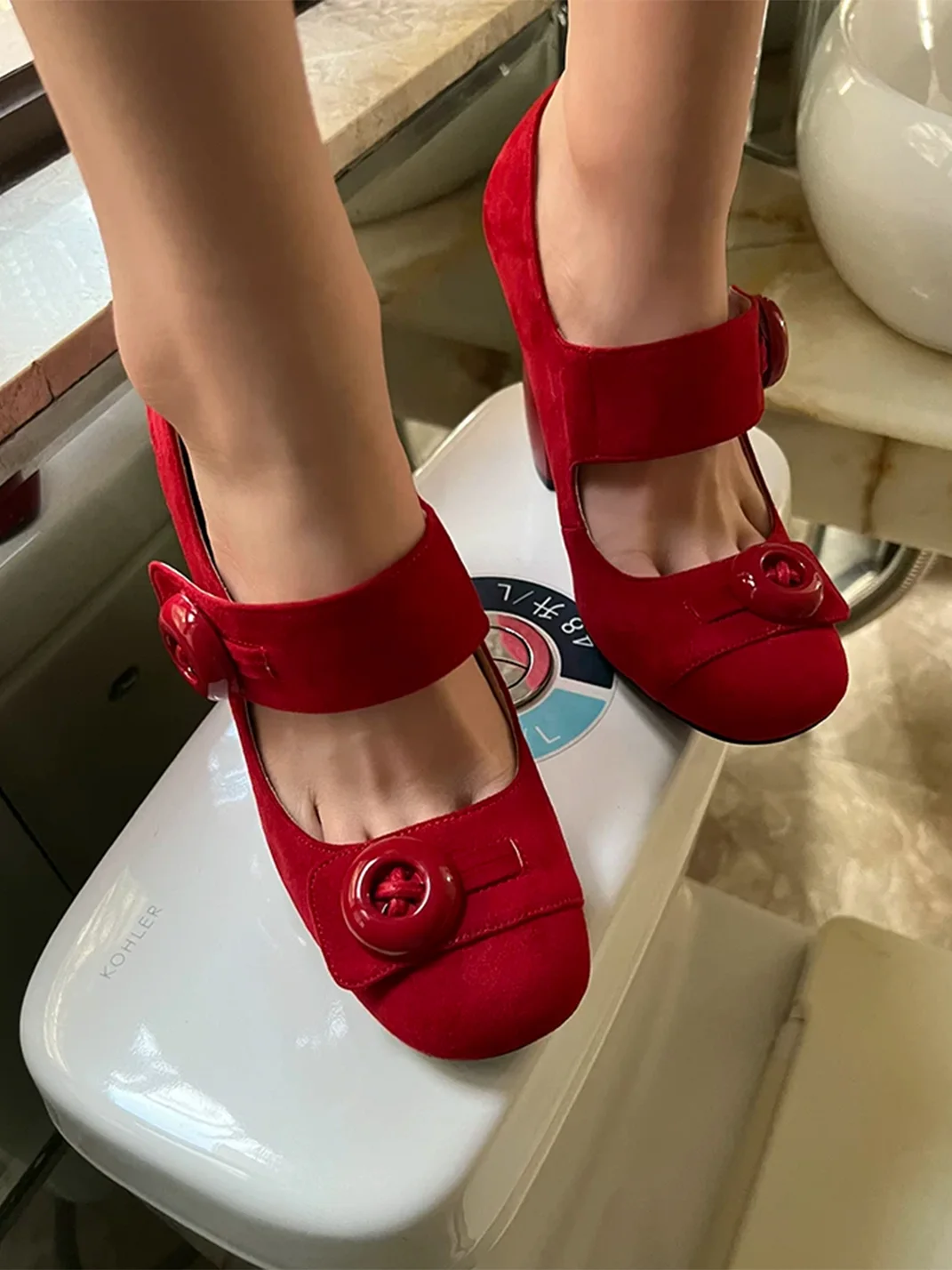 9HaoXieFang | Retro Round Toe Mary Jane Block Heel Pumps