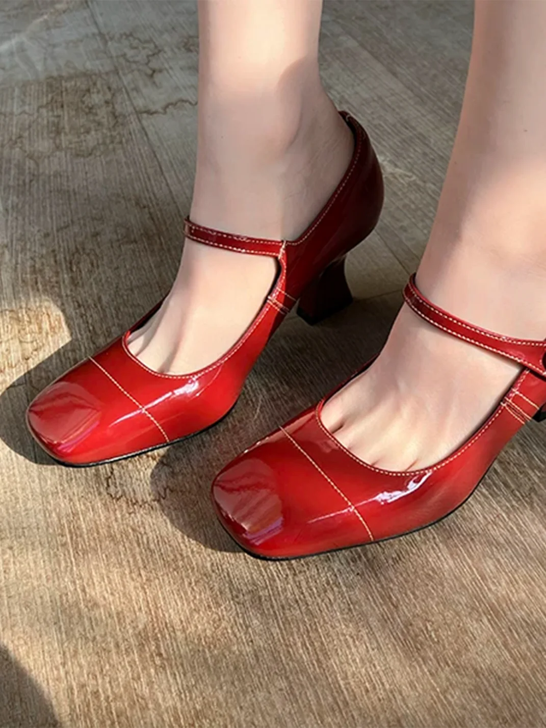 9HaoXieFang | Retro Square-Toe Mary Jane Block Heels