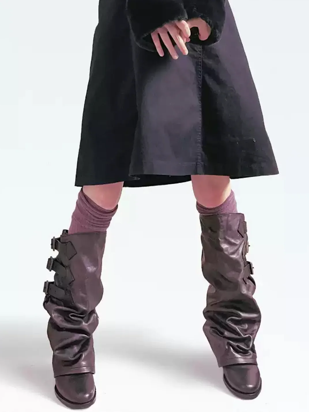 MXBNX | Distressed Slouchy Chunky Heel Buckle Tall Boots
