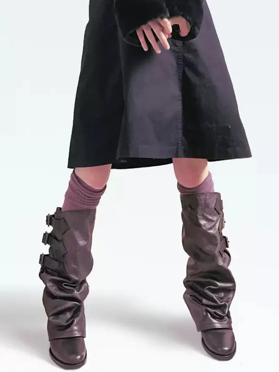 MXBNX | Distressed Slouchy Chunky Heel Buckle Tall Boots - 2