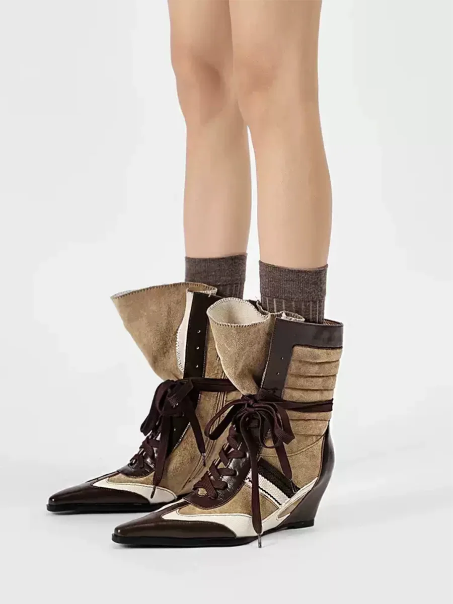 MNXDKG | Retro Pointed-Toe Colorblock Wedge Ankle Boots - 2