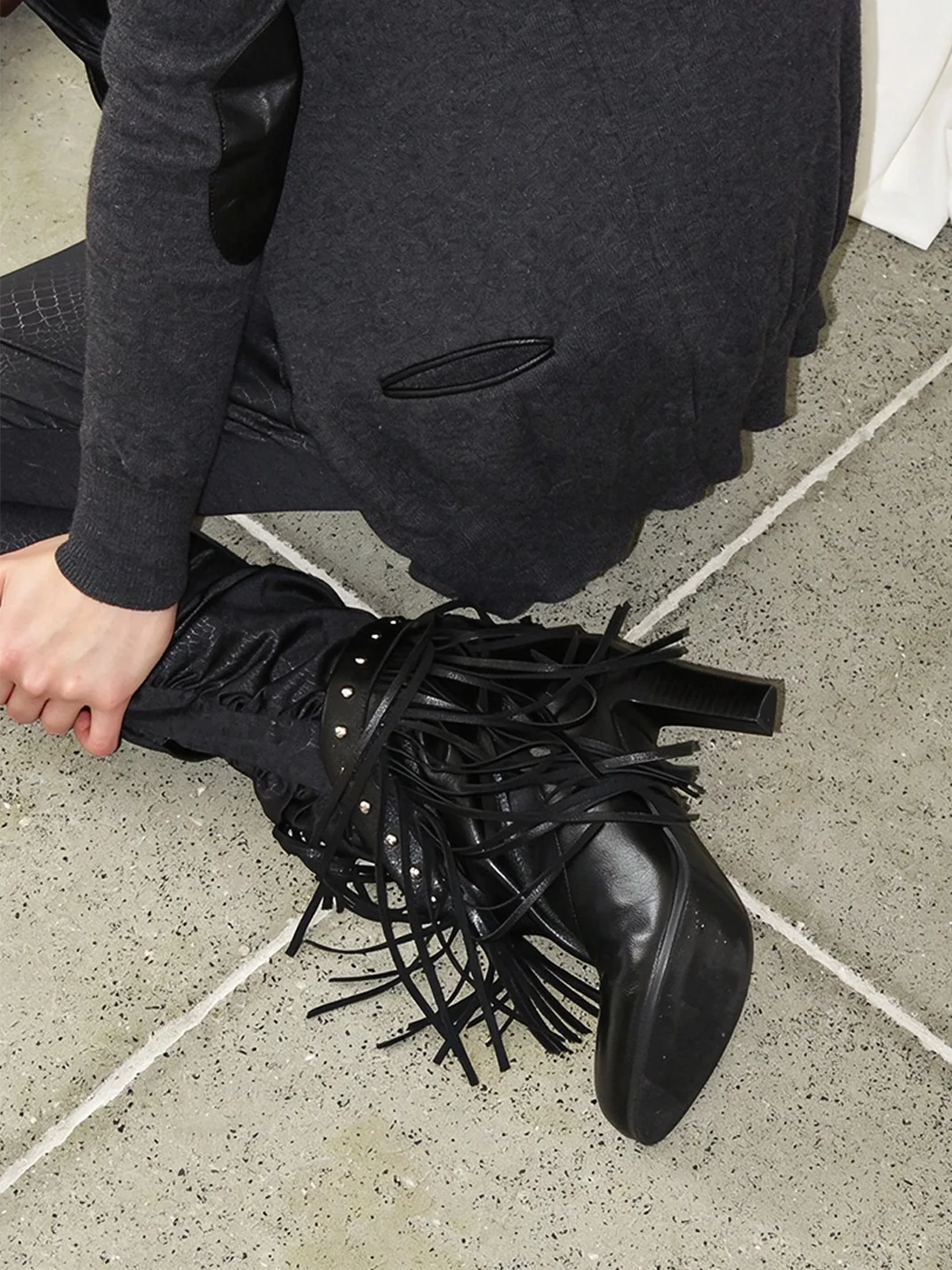 Mooreyu Atelier | Leather Fringed Studded Block Heel Ankle Boots