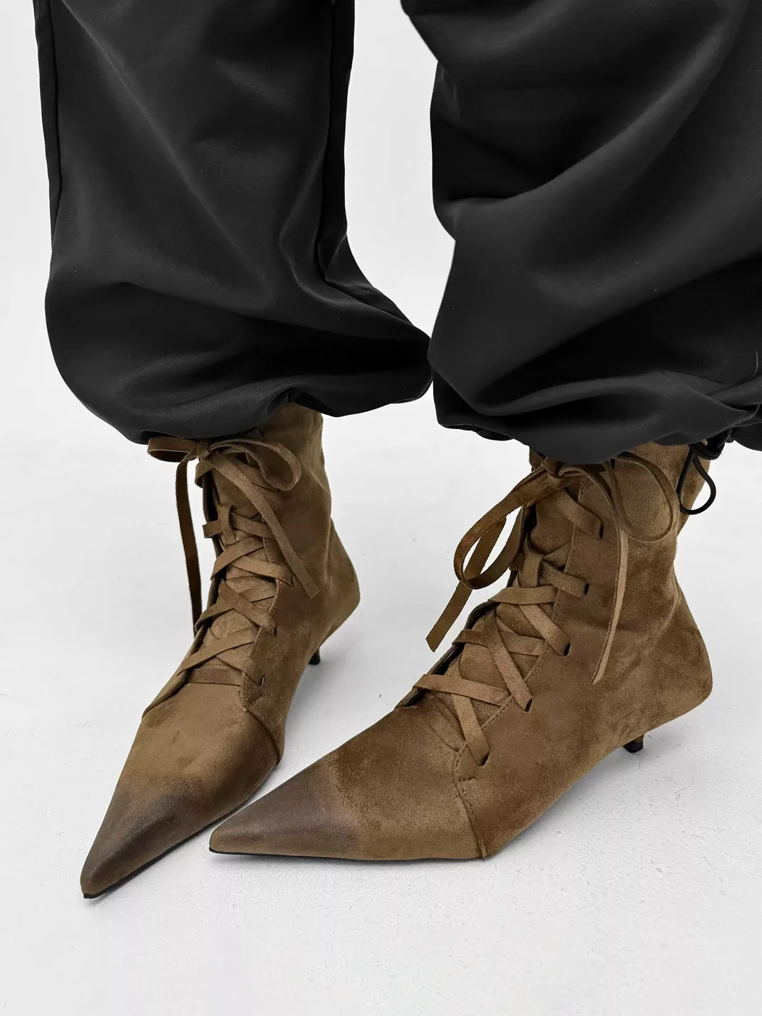 Abstract garden | Pointed Toe Lace-Up Kitten Heel Ankle Boots
