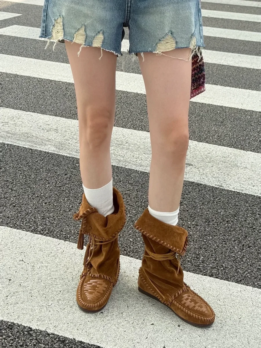 MNXDKG | Fringed Lace-Up Foldover Western Boots - 2