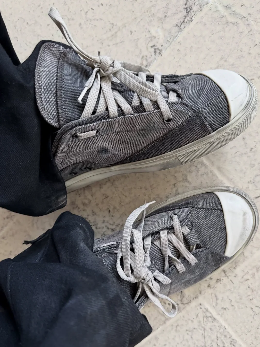 VOWPROGRESS | Washed Double-Layer Shaped-Toe Canvas Denim Vulcanized Sneakers