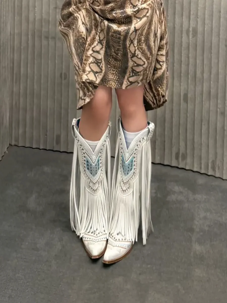 HGDZNXSJ | Fringe Embroidered Pointed Toe Chunky Heel Cowboy Boots - 3