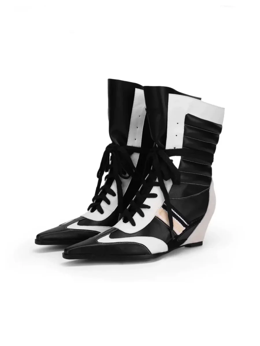 MNXDKG | Retro Pointed-Toe Colorblock Wedge Ankle Boots - 4