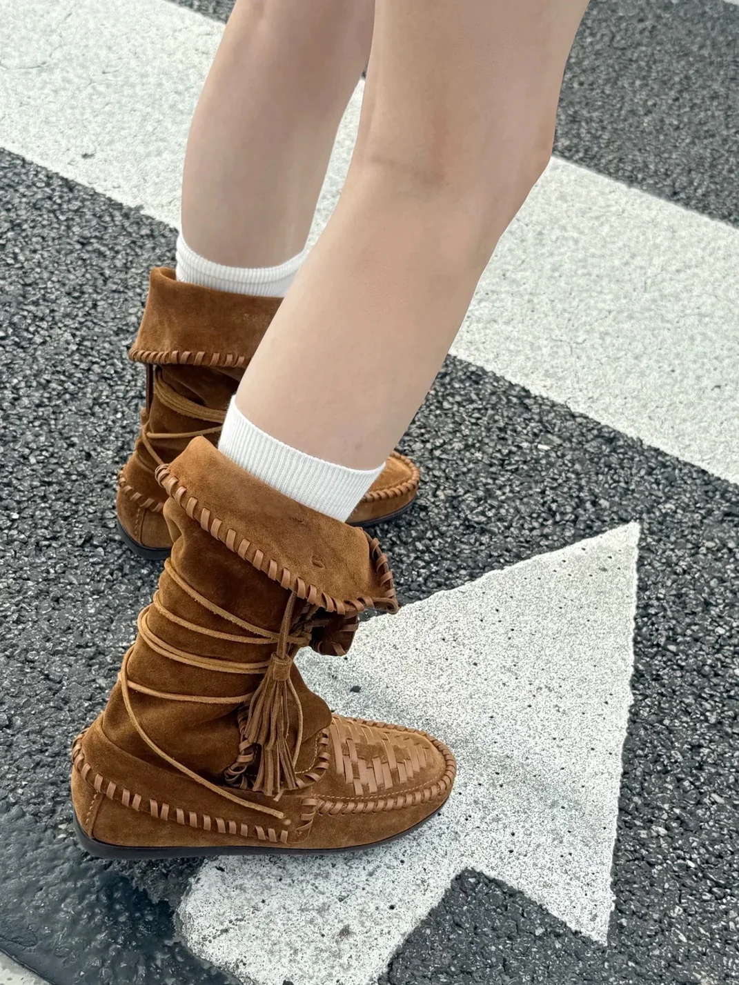 MNXDKG | Fringed Lace-Up Foldover Western Boots
