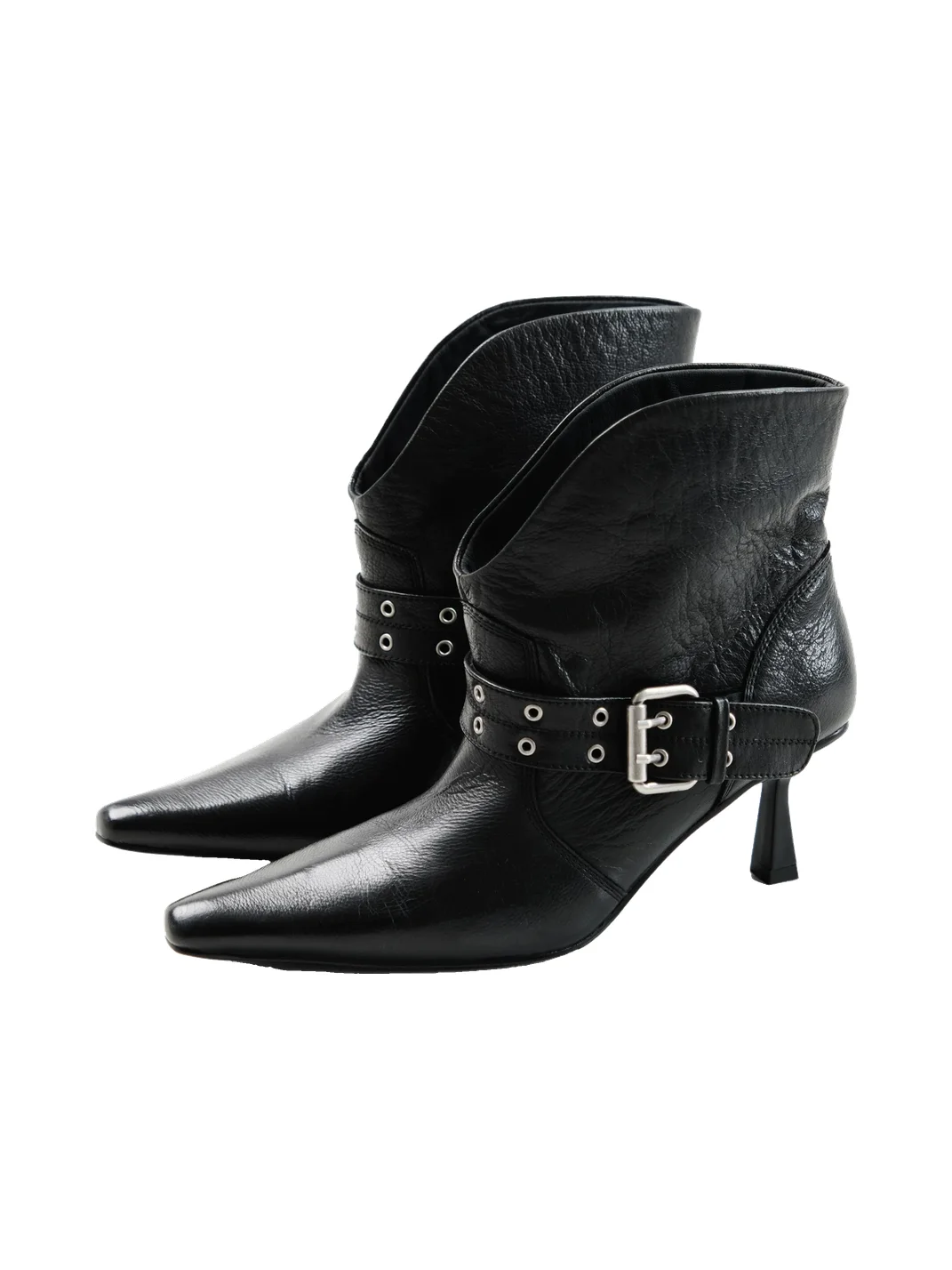 Mooreyu Atelier | Leather Pointed-Toe Buckle Stiletto Ankle Boots