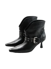 Mooreyu Atelier | Leather Pointed-Toe Buckle Stiletto Ankle Boots