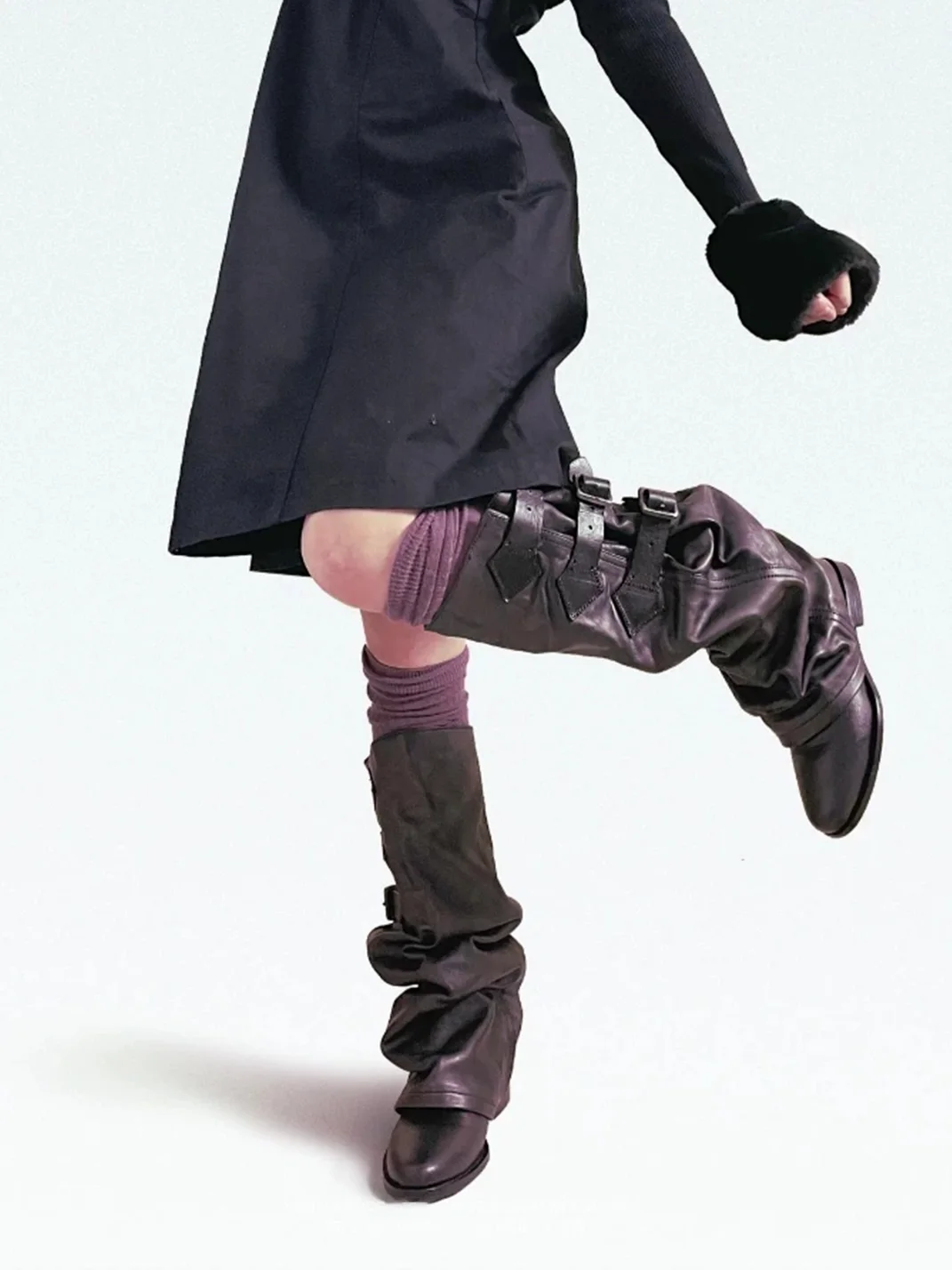 MXBNX | Distressed Slouchy Chunky Heel Buckle Tall Boots