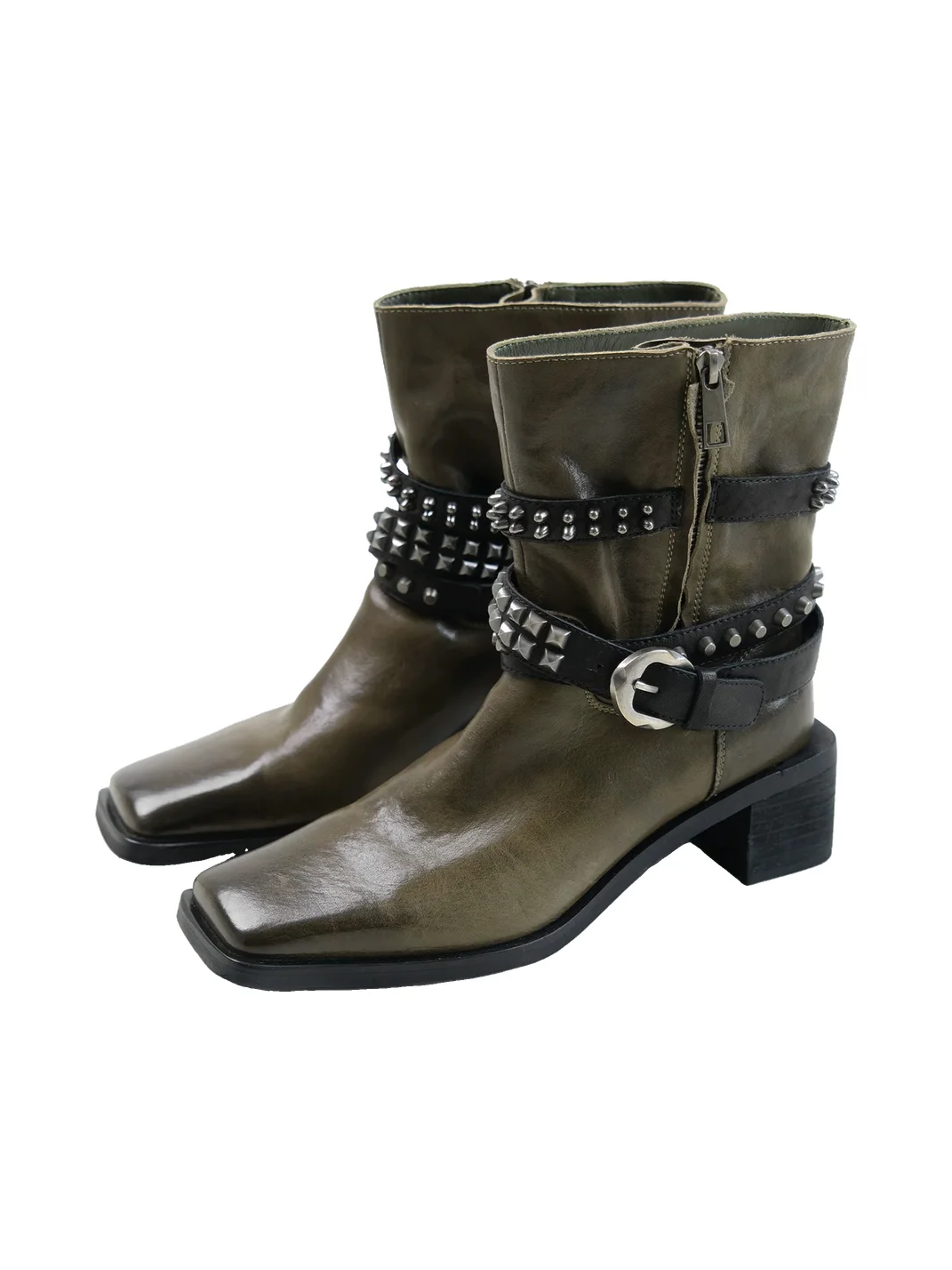 Mooreyu Atelier | Studded Square-Toe Leather Block-Heel Boots