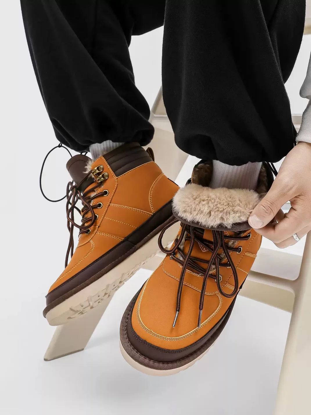 UenoPlanet | Colorblock Lace-Up Plush-Lined Snow Boots